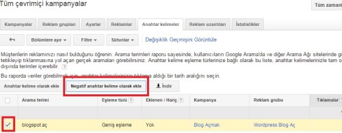 negatif anahtar kelime olarak ekle