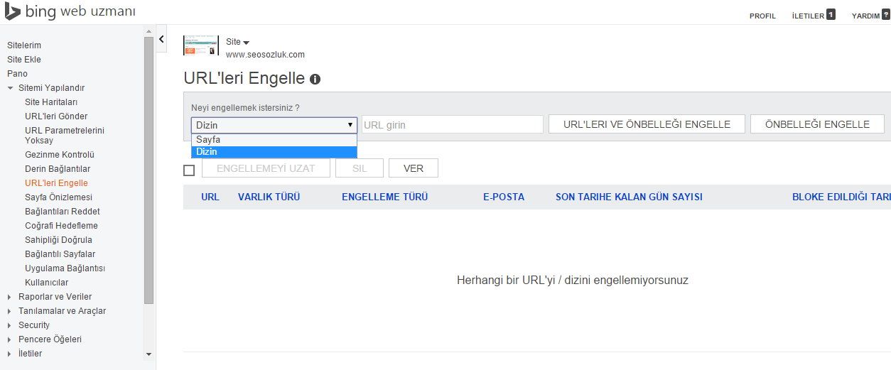 Bing URLleri engelle