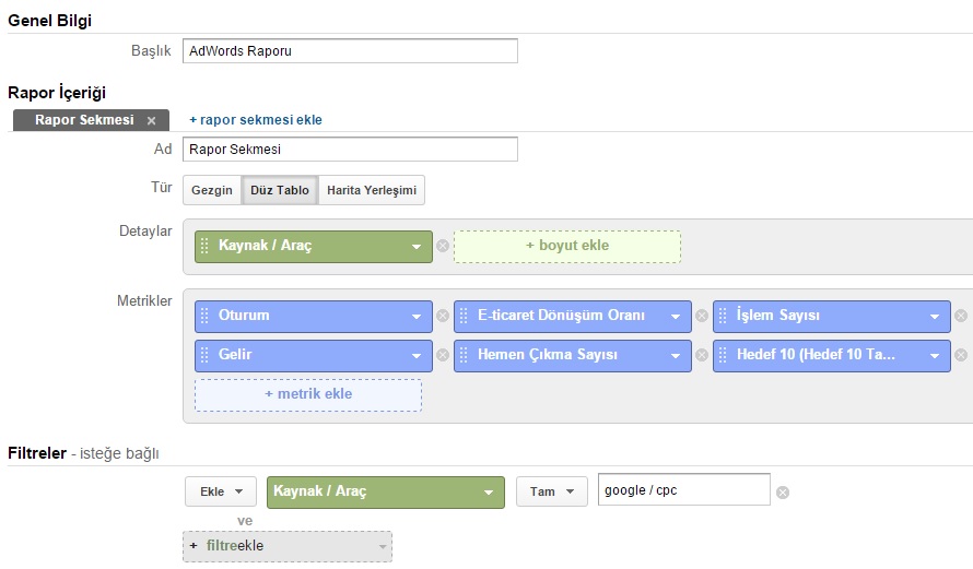 adwords raporu google analytics ayarları