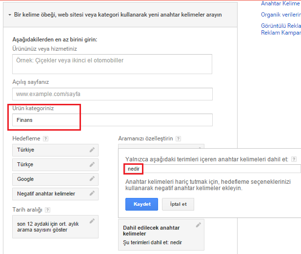 google anahtar kelime plalayıcısı filtrelenmiş sonuçlar
